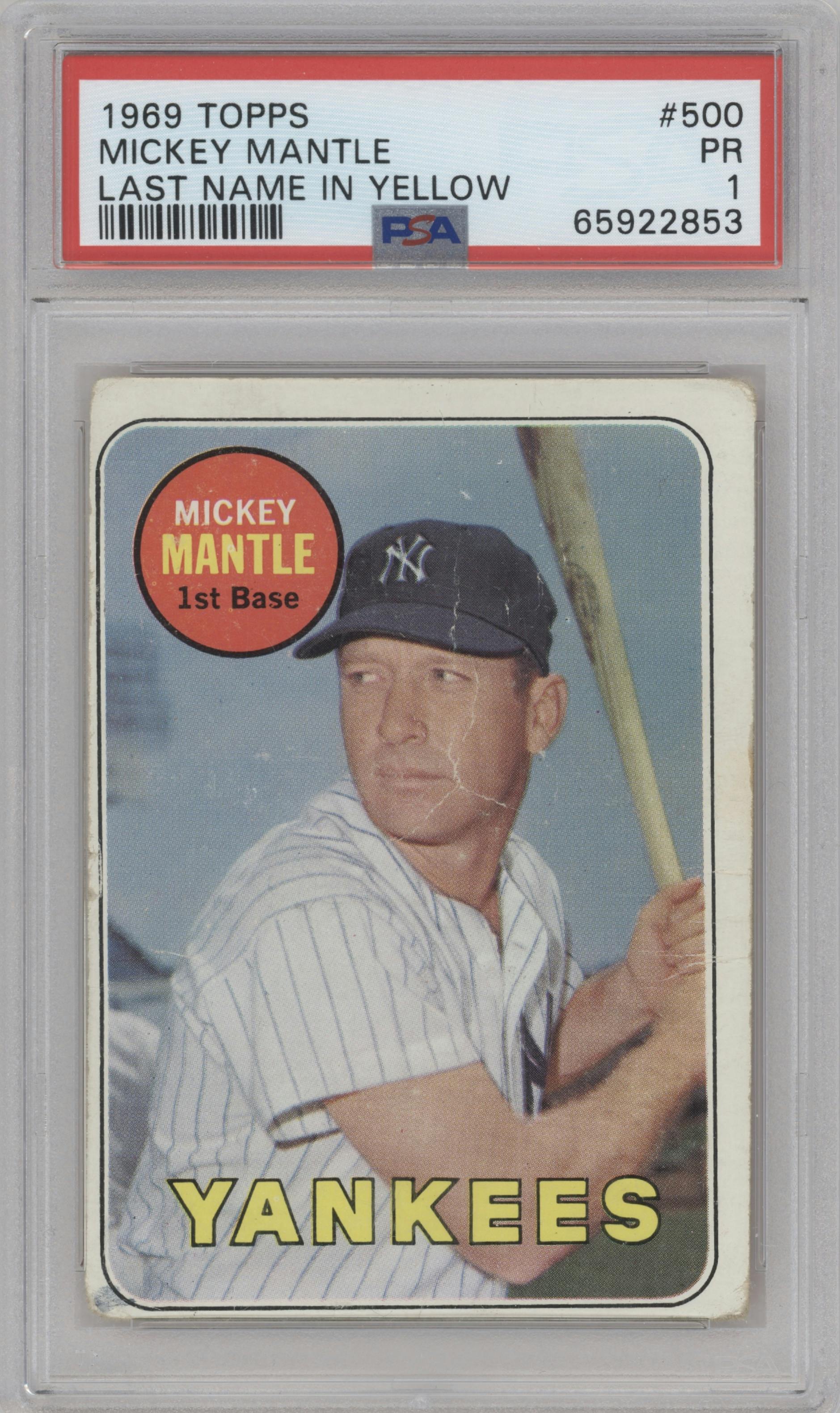 Mickey Mantle from the 1969 Topps set featuring a Last Name in Yellow parallel graded by PSA and given an overall grade of 1.
