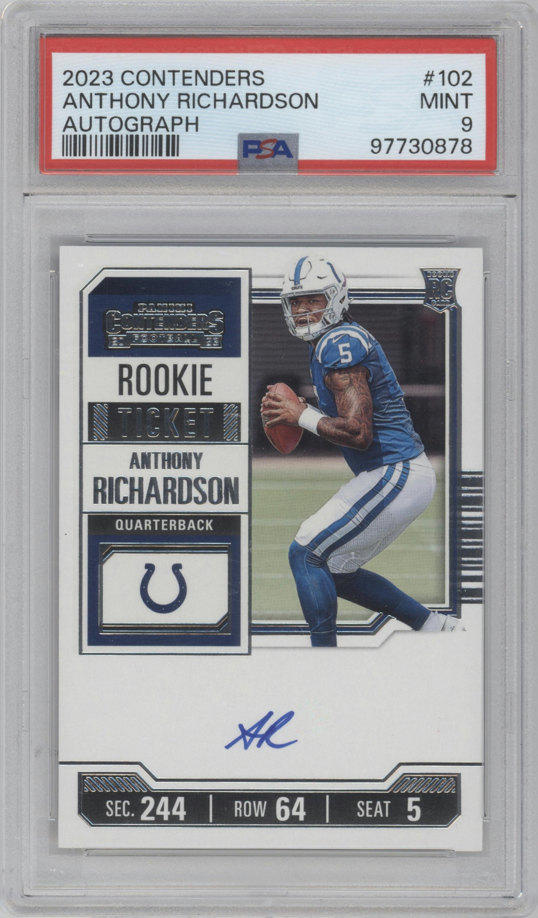 Anthony Richardson from the 2023 Panini Contenders set graded by PSA and given an overall grade of 9.