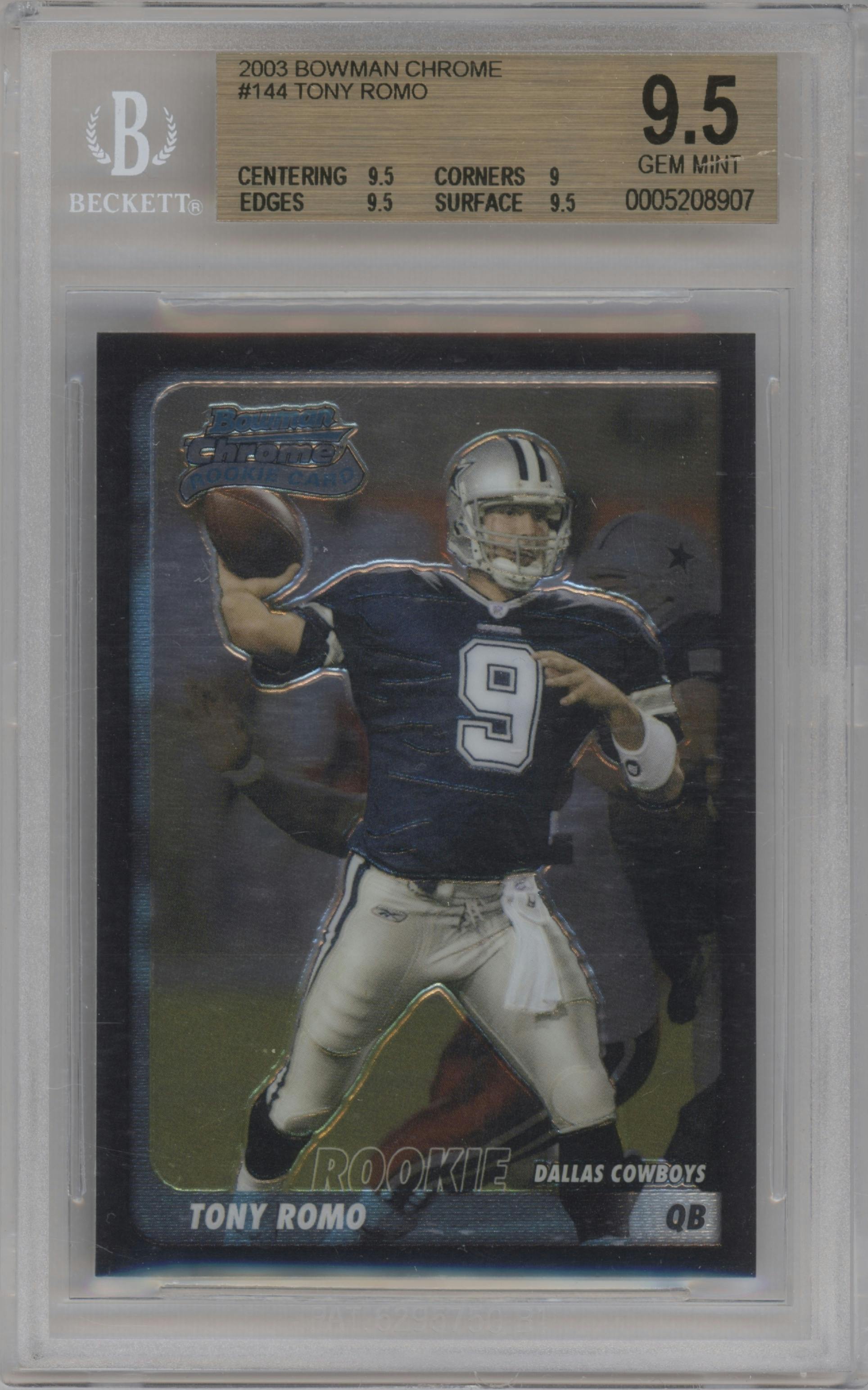 Tony Romo  from the 2003 Bowman Chrome set graded by Beckett and given an overall grade of 9.5.