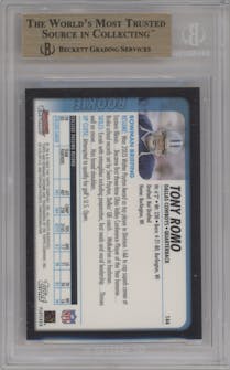 Tony Romo  from the 2003 Bowman Chrome set graded by Beckett and given an overall grade of 9.5.