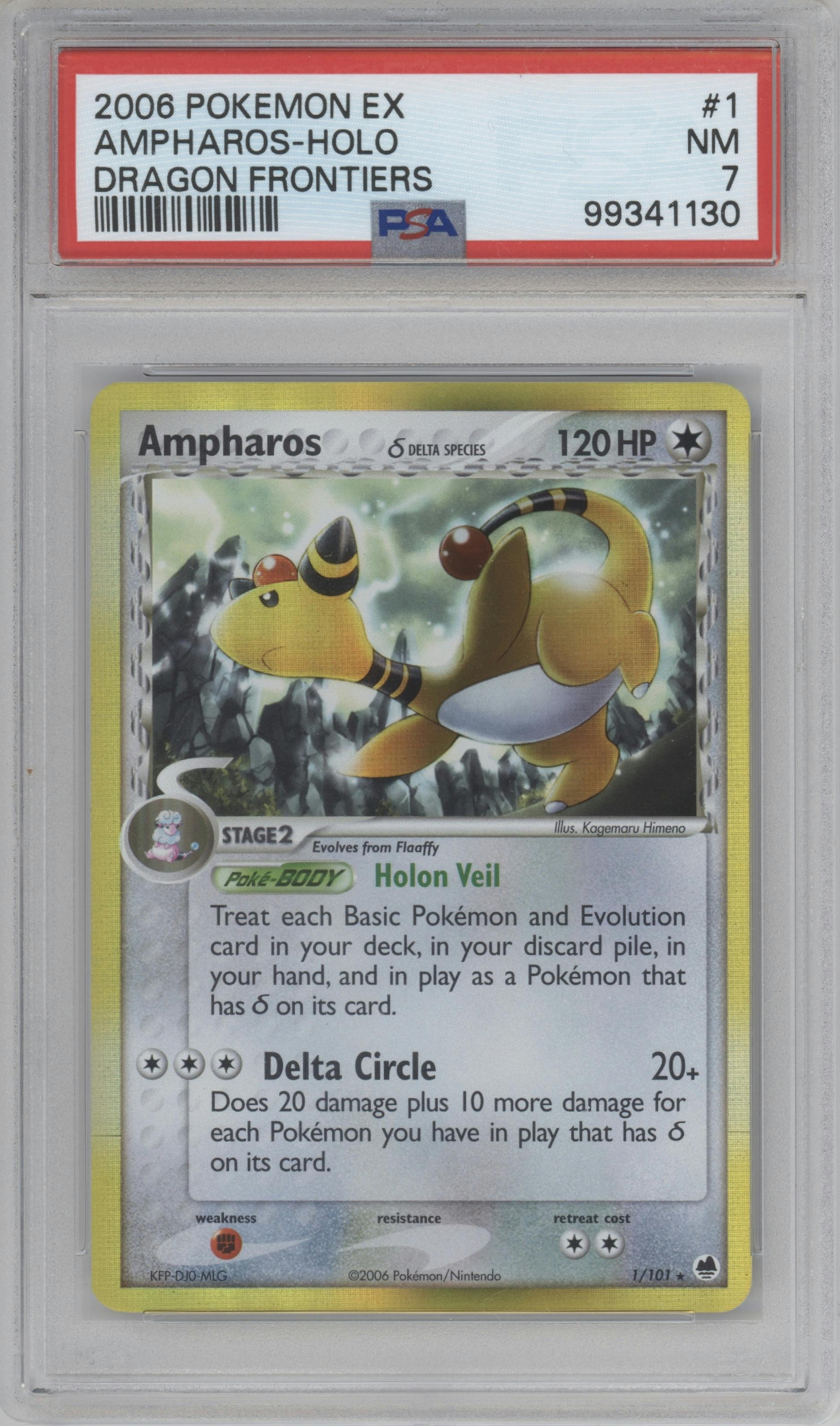 Ampharos from the 2006 Pokemon EX set graded by PSA and given an overall grade of 7.