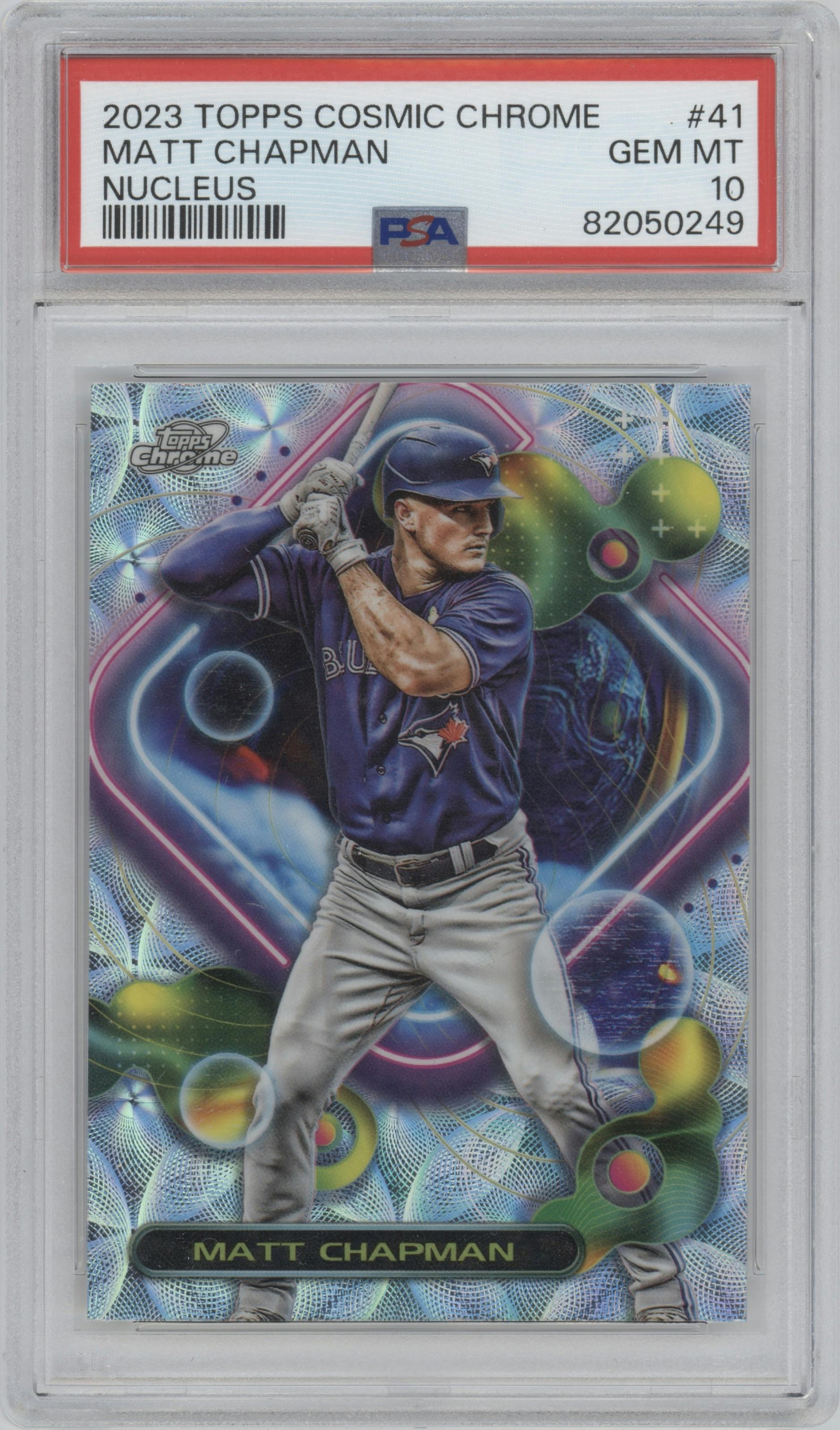 Matt Chapman from the 2023 Topps Cosmic Chrome set featuring a Nucleus Refractor parallel graded by PSA and given an overall grade of 10.