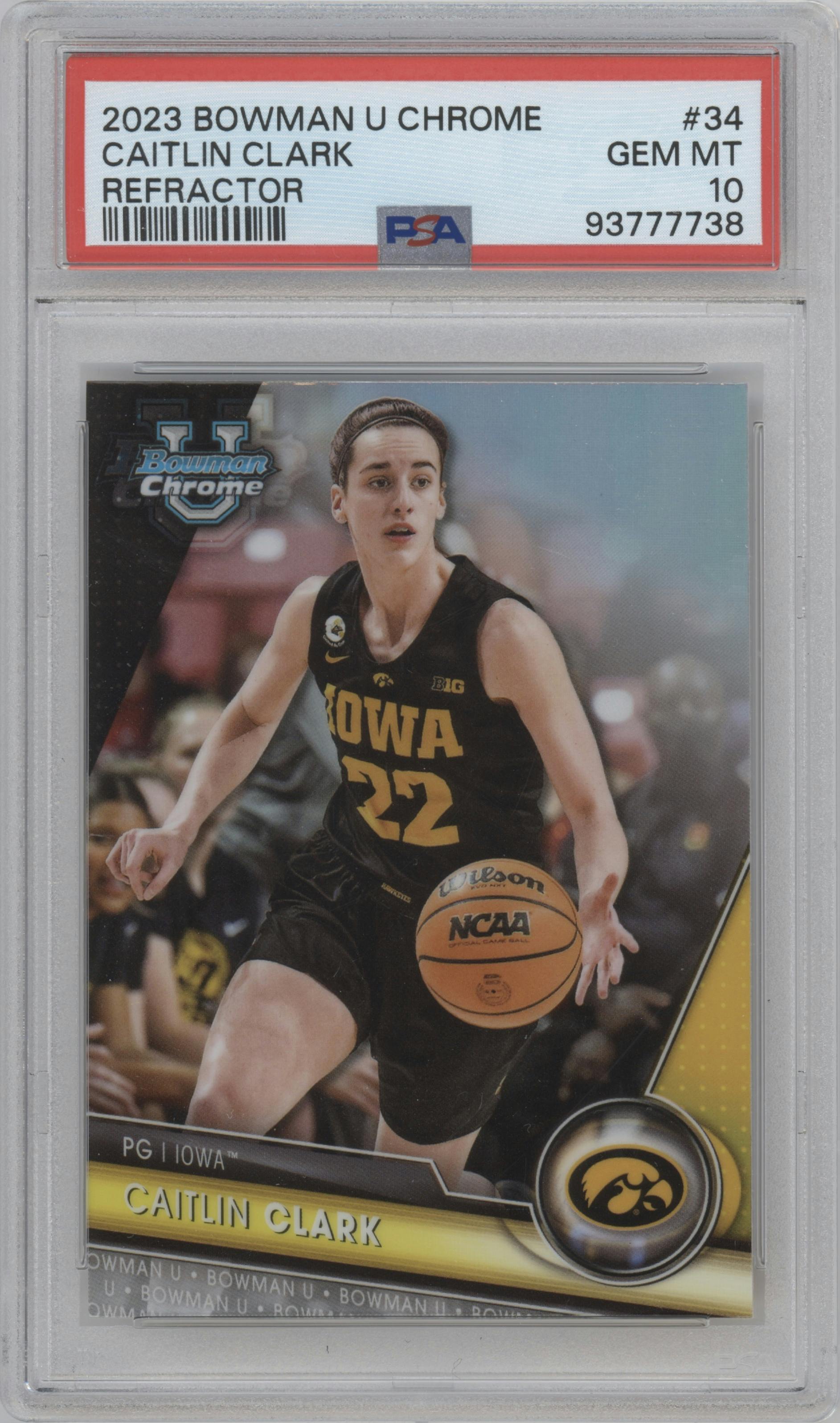 Caitlin Clark from the 2023-24 Bowman U Chrome set featuring a Refractor parallel graded by PSA and given an overall grade of 10.
