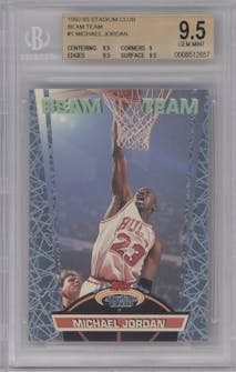 Michael Jordan from the 1992-93 Topps Stadium Club set graded by Beckett and given an overall grade of 9.5.