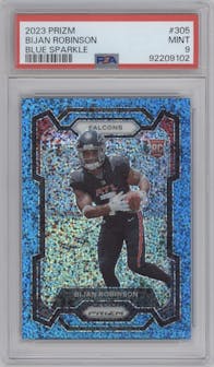 Bijan Robinson from the 2023 Panini Prizm set featuring a Blue Sparkle parallel graded by PSA and given an overall grade of 9.