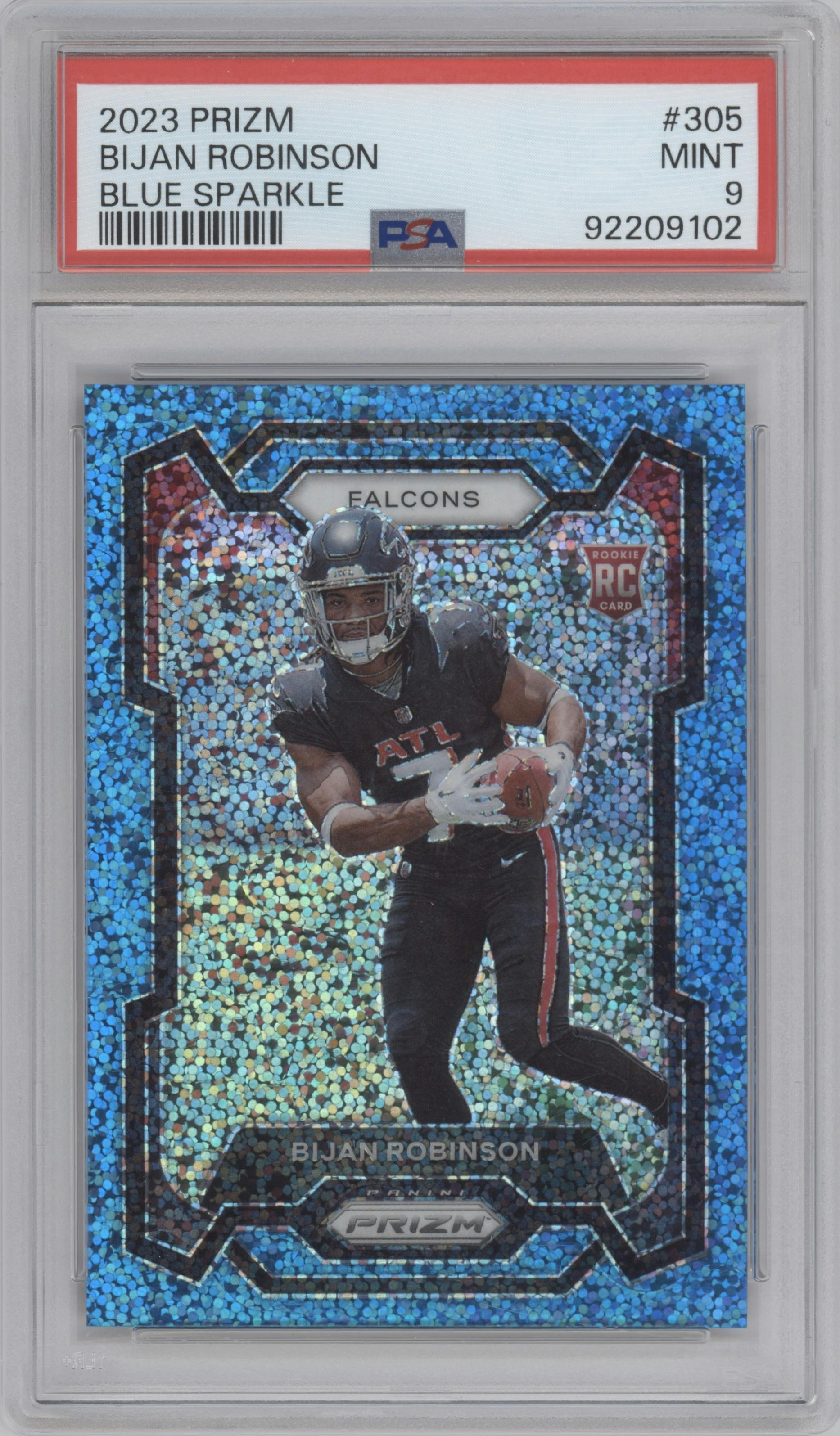 Bijan Robinson from the 2023 Panini Prizm set featuring a Blue Sparkle parallel graded by PSA and given an overall grade of 9.