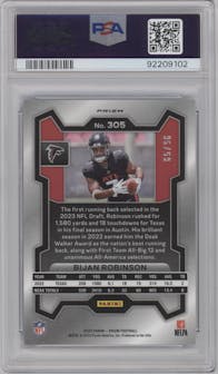 Bijan Robinson from the 2023 Panini Prizm set featuring a Blue Sparkle parallel graded by PSA and given an overall grade of 9.