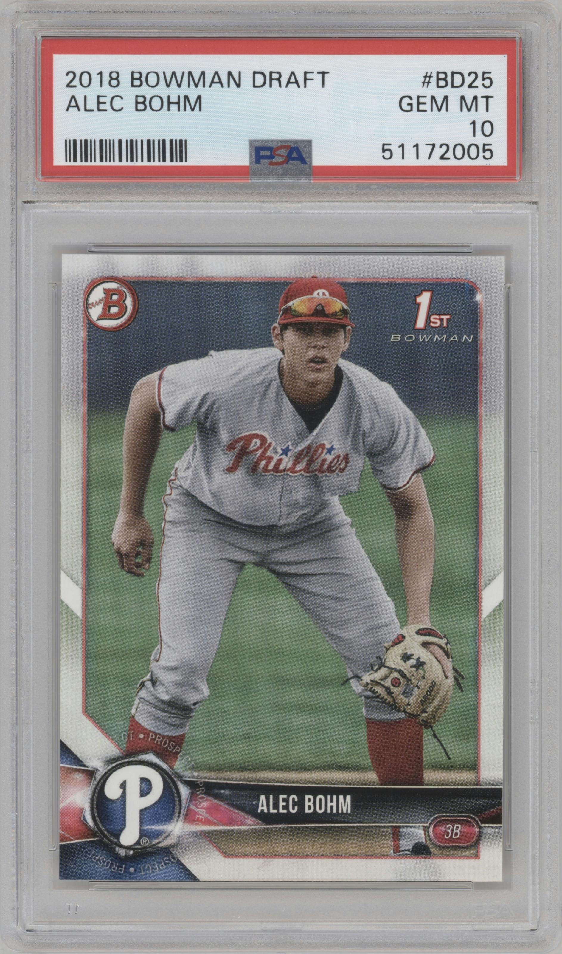 Alec Bohm from the 2018 Bowman Draft set graded by PSA and given an overall grade of 10.