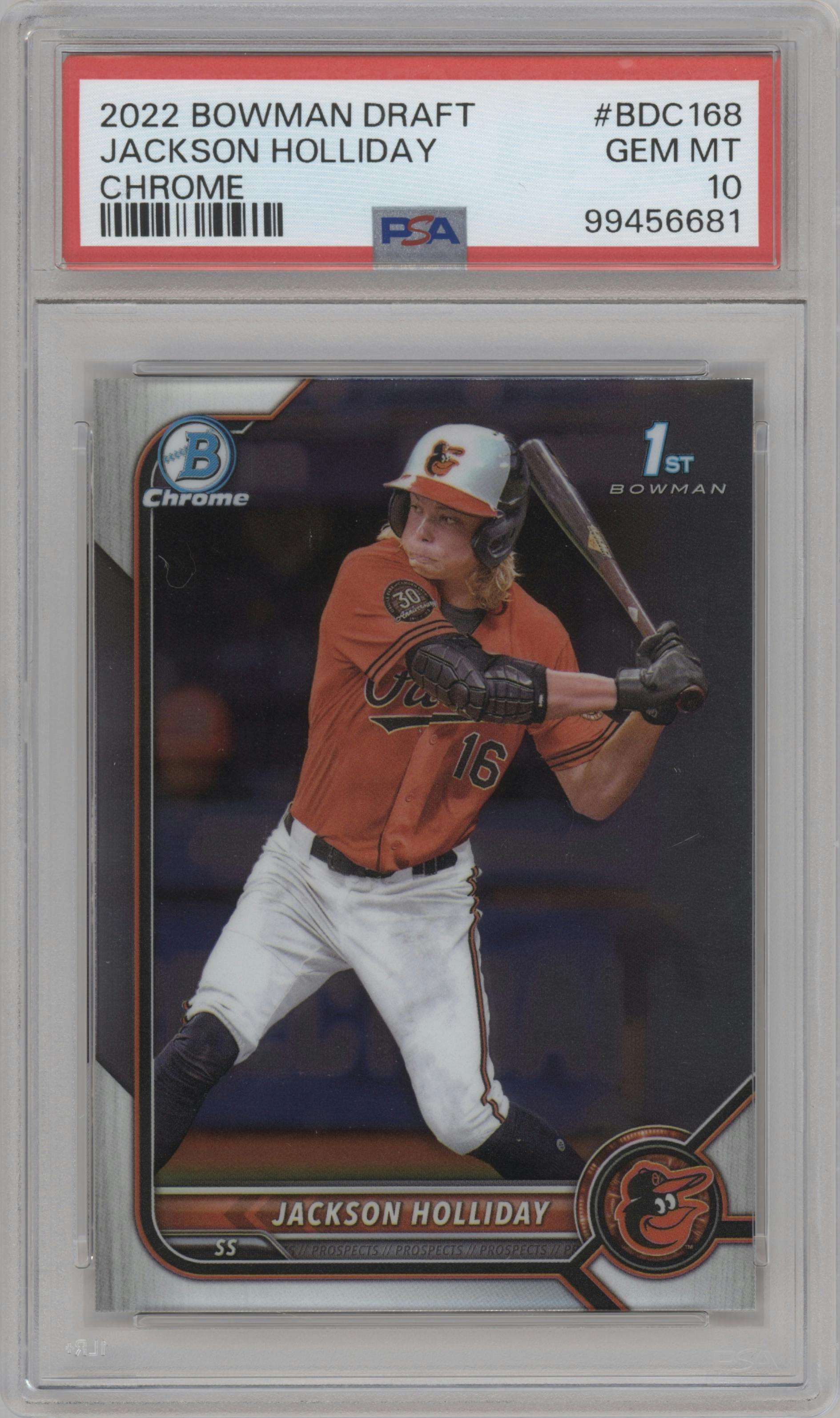 Jackson Holliday from the 2022 Bowman Draft set graded by PSA and given an overall grade of 10.
