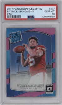 Patrick Mahomes II from the 2017 Panini Donruss Optic set featuring a Pink parallel graded by PSA and given an overall grade of 10.