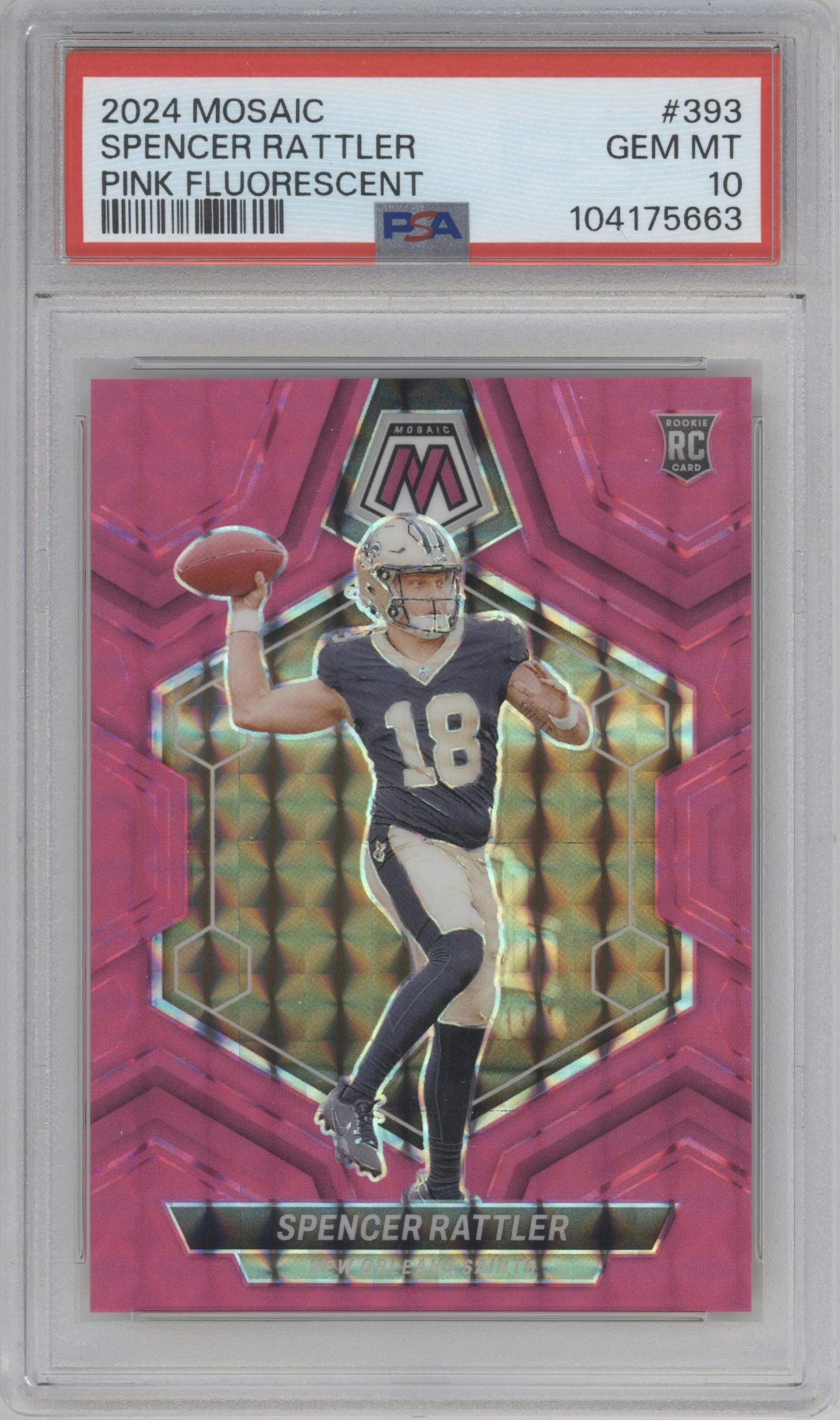 Spencer Rattler from the 2024 Panini Mosaic set featuring a Pink Fluorescent parallel graded by PSA and given an overall grade of 10.