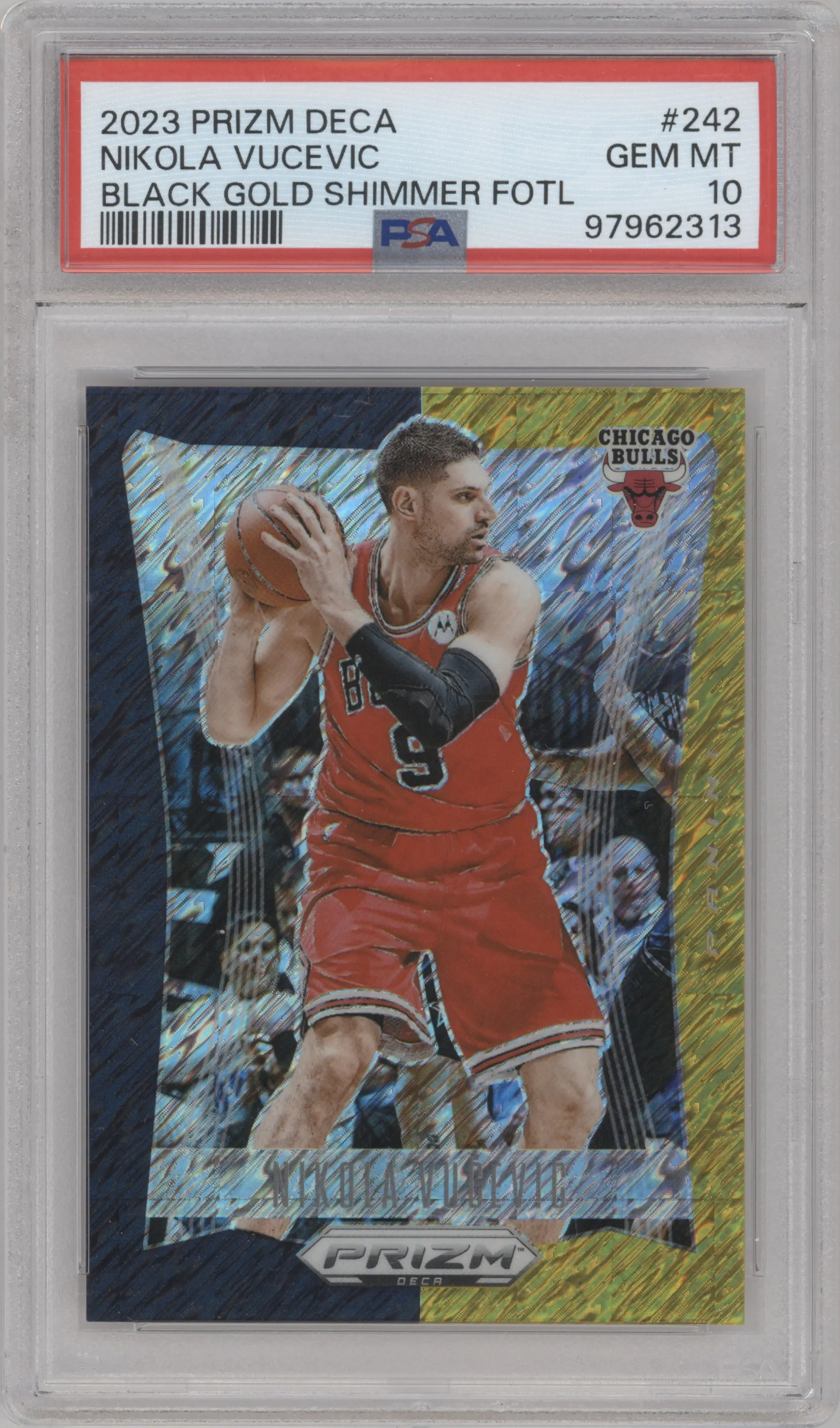 2023 Panini Prizm Deca Nikola Vucevic FOTL Black Gold Shimmer Prizm PSA 10