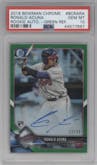 Ronald Acuna from the 2018 Bowman Chrome set featuring a Green Refractor parallel graded by PSA and given an overall grade of 10.