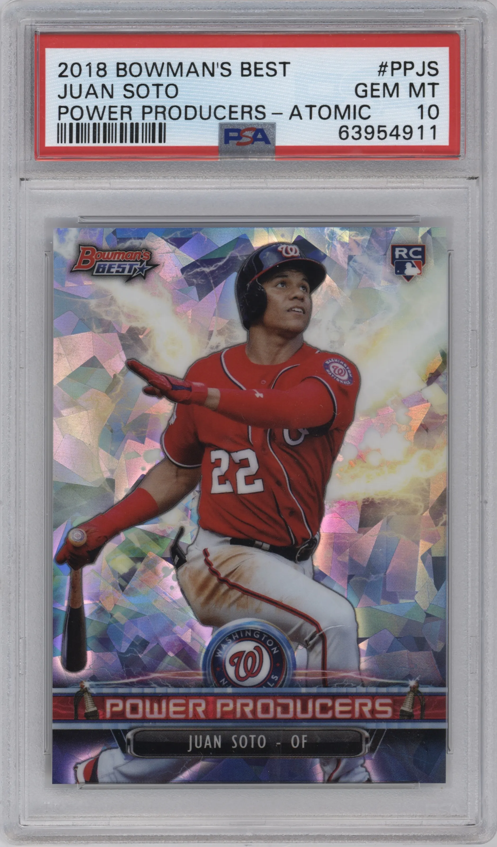 2018 Bowman’s Best Power Producers Juan Soto Atomic Refractor #PP-JS PSA 10