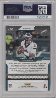 Jalen Hurts from the 2020 Panini Prizm set featuring a Red/White/Blue Prizm parallel graded by PSA and given an overall grade of 10.