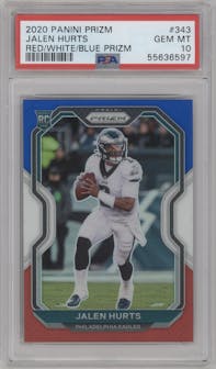 Jalen Hurts from the 2020 Panini Prizm set featuring a Red/White/Blue Prizm parallel graded by PSA and given an overall grade of 10.