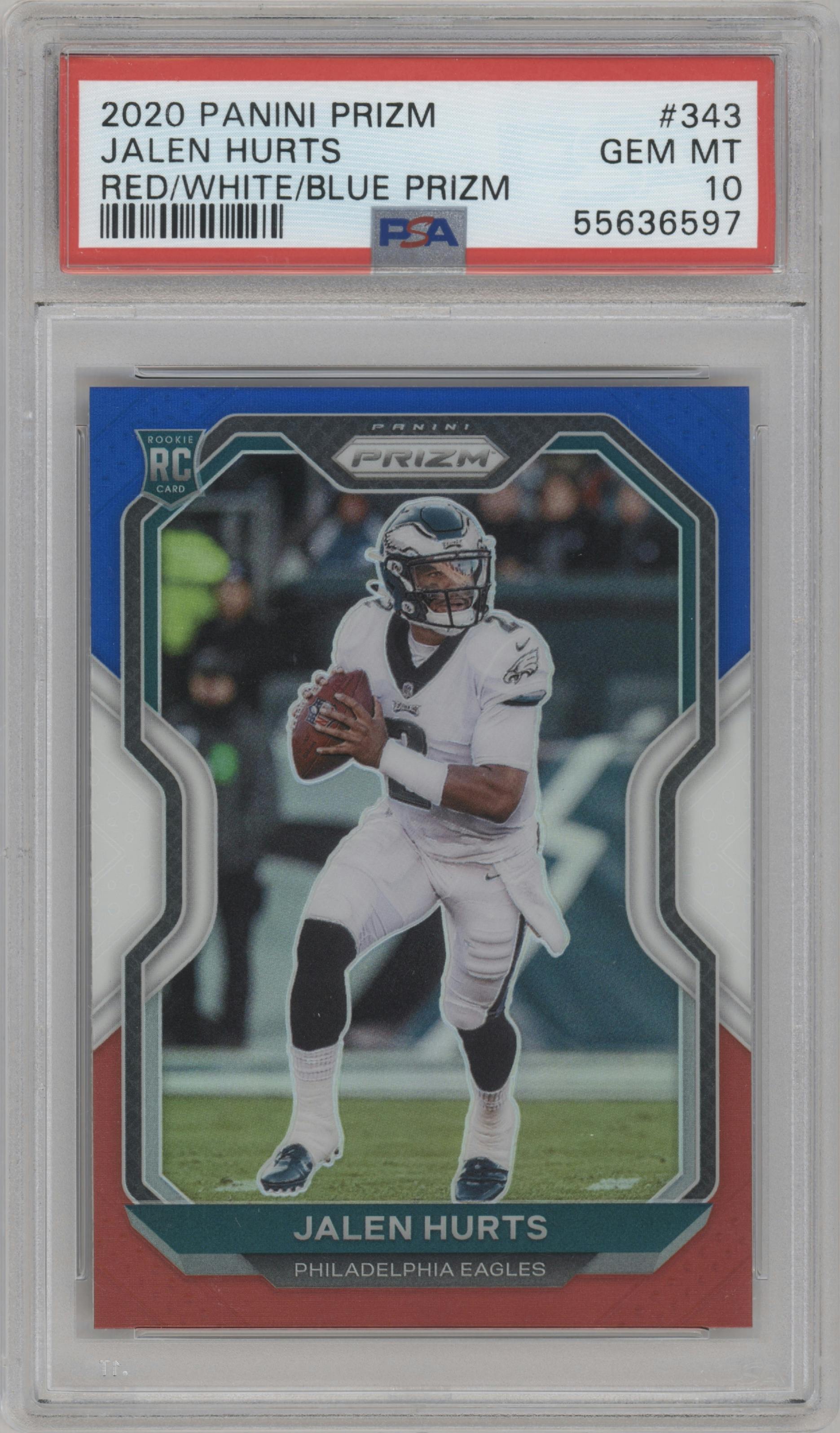 Jalen Hurts from the 2020 Panini Prizm set featuring a Red/White/Blue Prizm parallel graded by PSA and given an overall grade of 10.