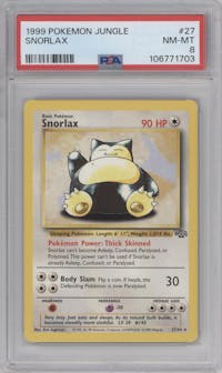 Snorlax from the 1999 Pokemon set graded by PSA and given an overall grade of 8.