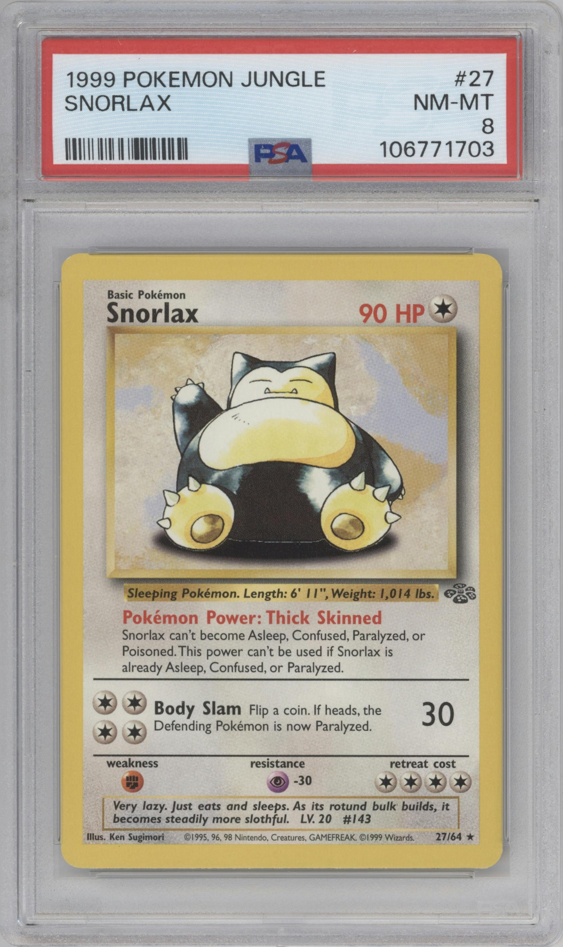 Snorlax from the 1999 Pokemon set graded by PSA and given an overall grade of 8.