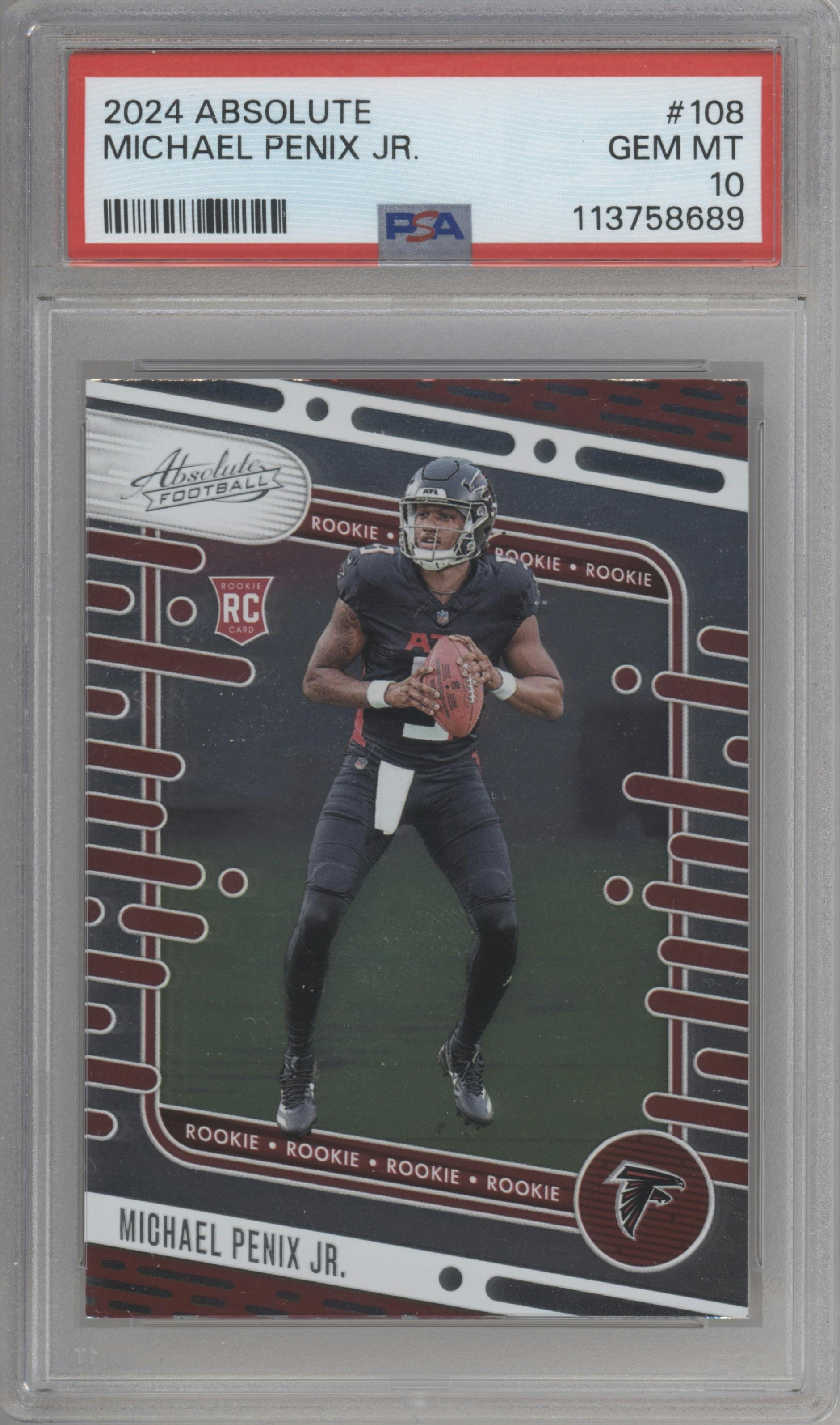 Michael Penix Jr. from the 2024 Panini Absolute set graded by PSA and given an overall grade of 10.