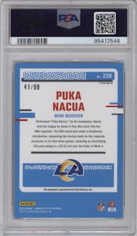 Puka Nacua from the 2023 Donruss Optic set featuring a Blue parallel graded by PSA and given an overall grade of 10.