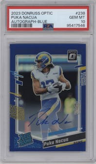 Puka Nacua from the 2023 Donruss Optic set featuring a Blue  parallel graded by PSA and given an overall grade of 10.