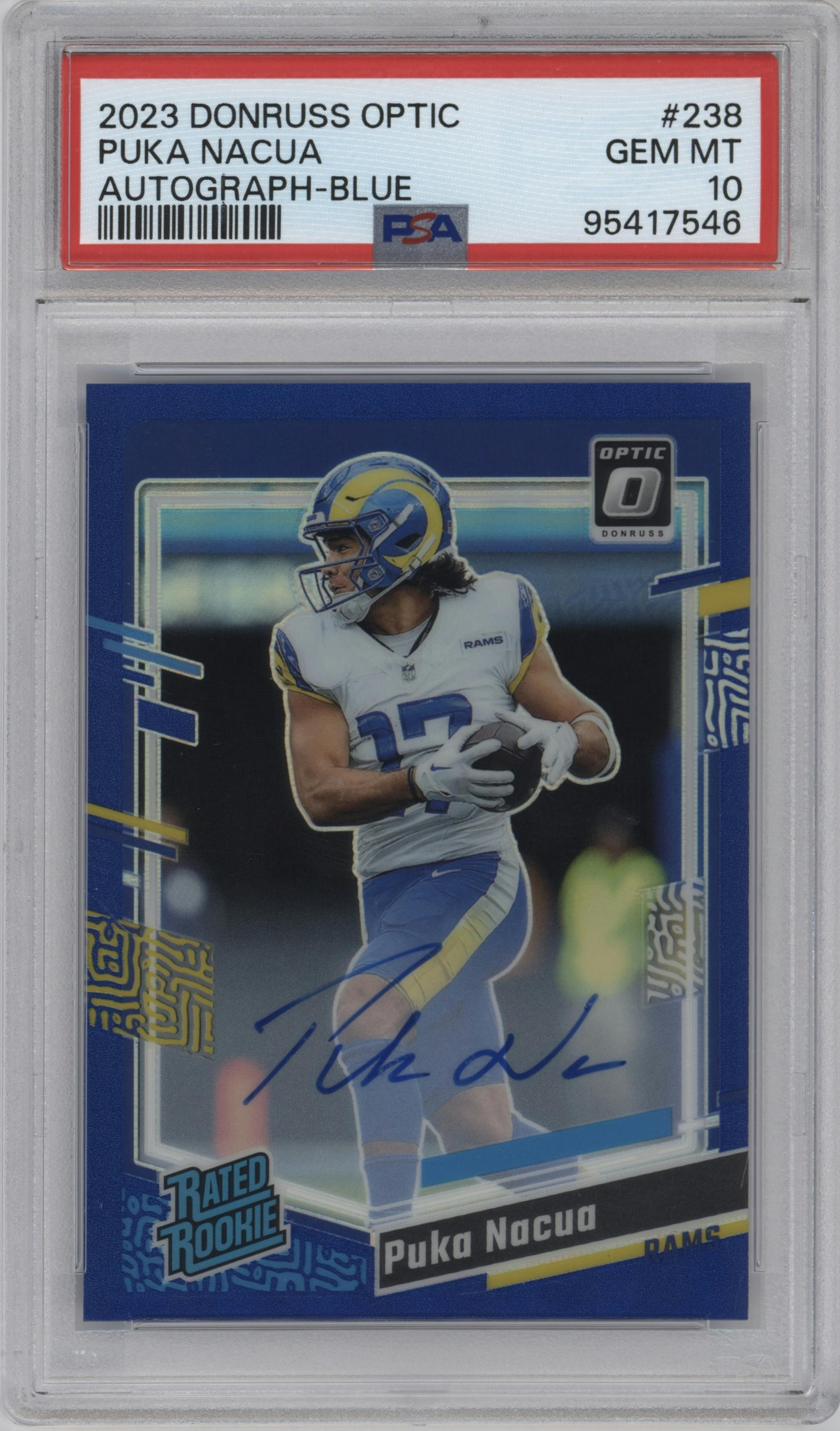 Puka Nacua from the 2023 Donruss Optic set featuring a Blue  parallel graded by PSA and given an overall grade of 10.