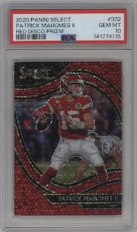 Patrick Mahomes II from the 2020 Panini Select set featuring a Disco Red parallel graded by PSA and given an overall grade of 10.