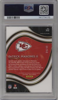 Patrick Mahomes II from the 2020 Panini Select set featuring a Disco Red parallel graded by PSA and given an overall grade of 10.