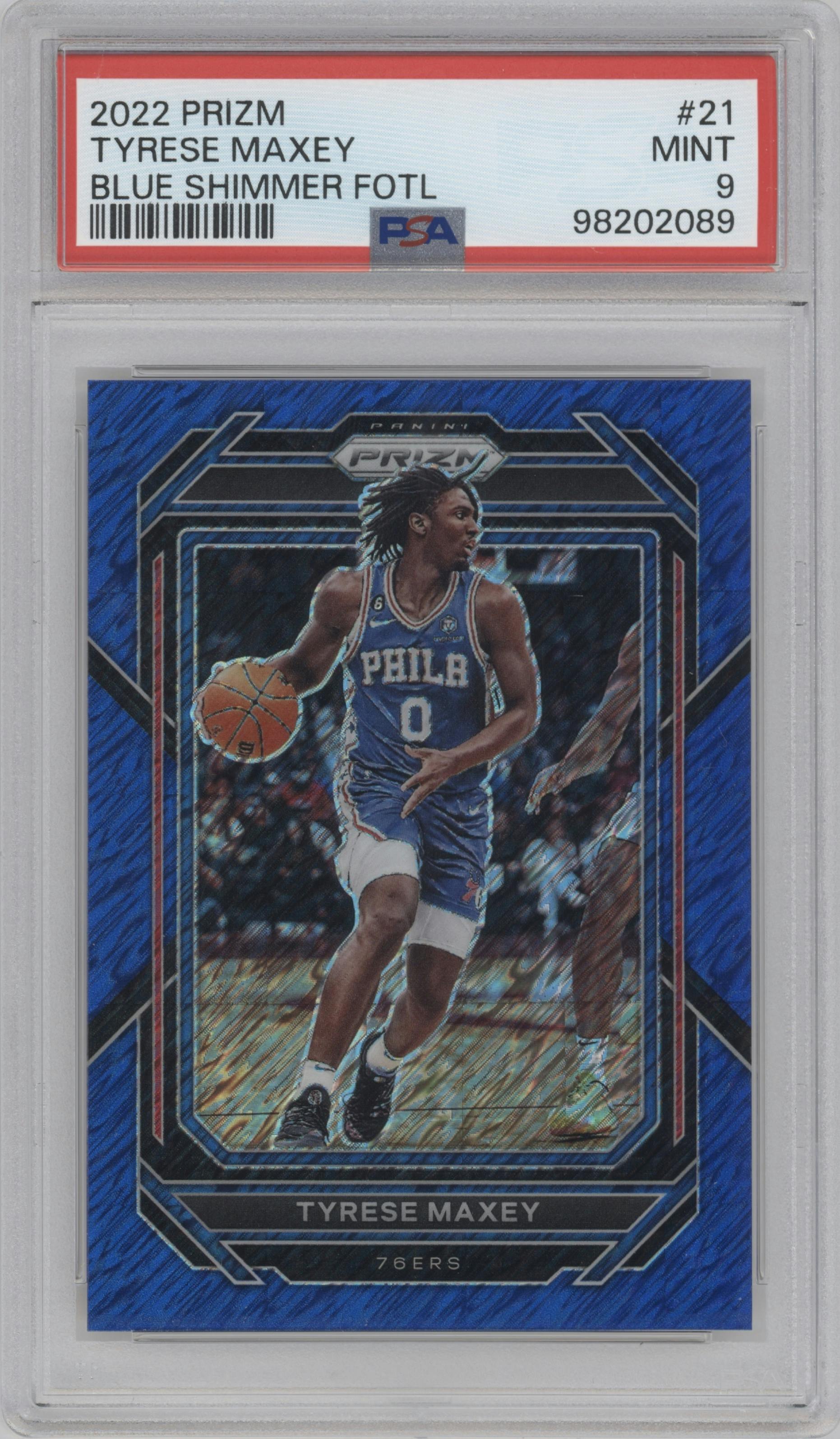 Tyrese Maxey from the 2022-23 Panini Prizm  set featuring a Blue Shimmer parallel graded by PSA and given an overall grade of 9.
