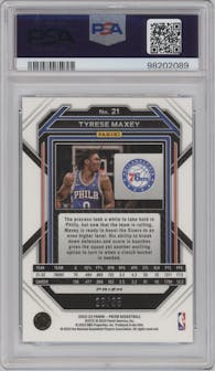 Tyrese Maxey from the 2022-23 Panini Prizm  set featuring a Blue Shimmer parallel graded by PSA and given an overall grade of 9.