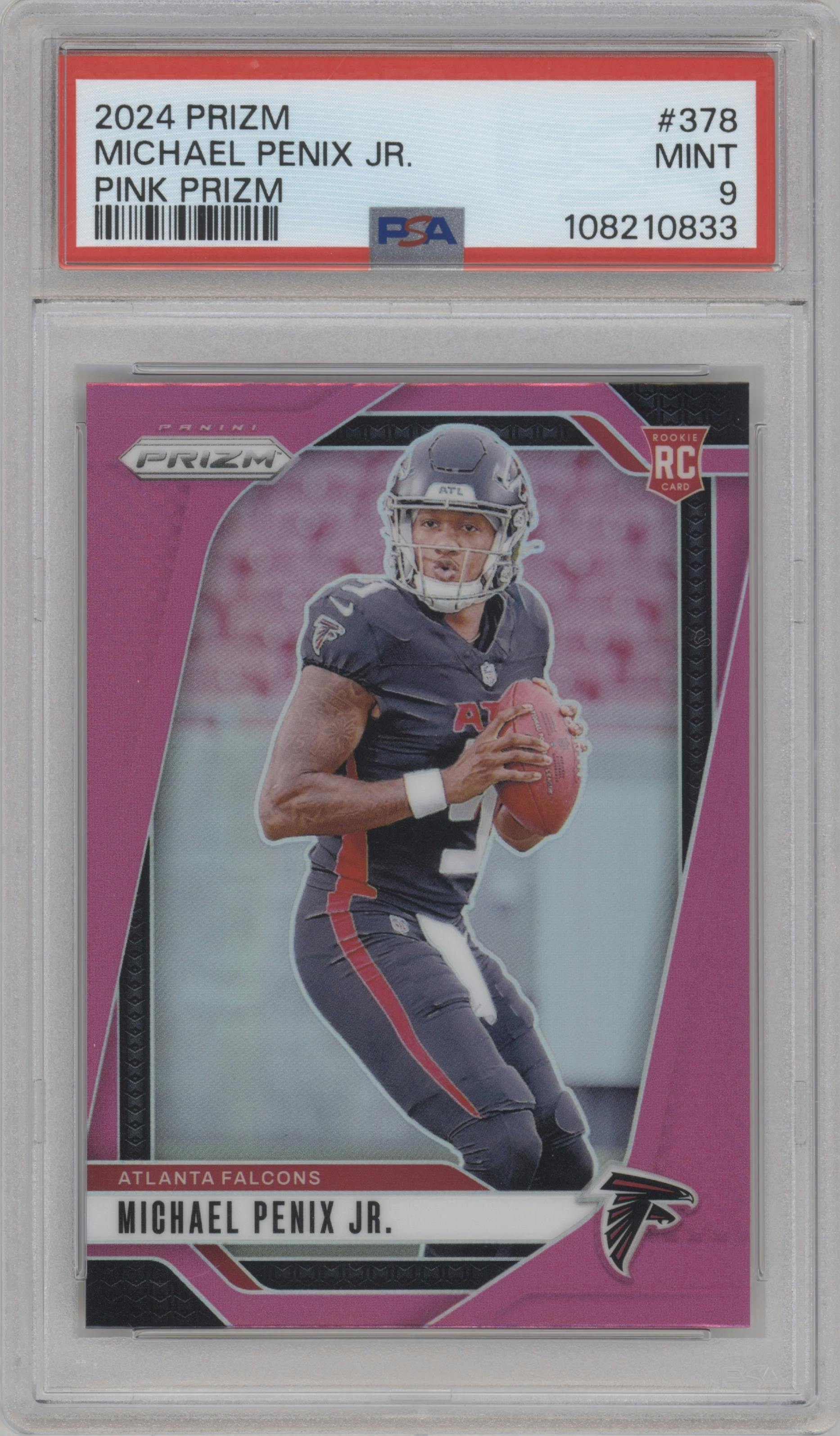 Michael Penix Jr. from the 2024 Panini Prizm set featuring a Pink Prizm parallel graded by PSA and given an overall grade of 9.