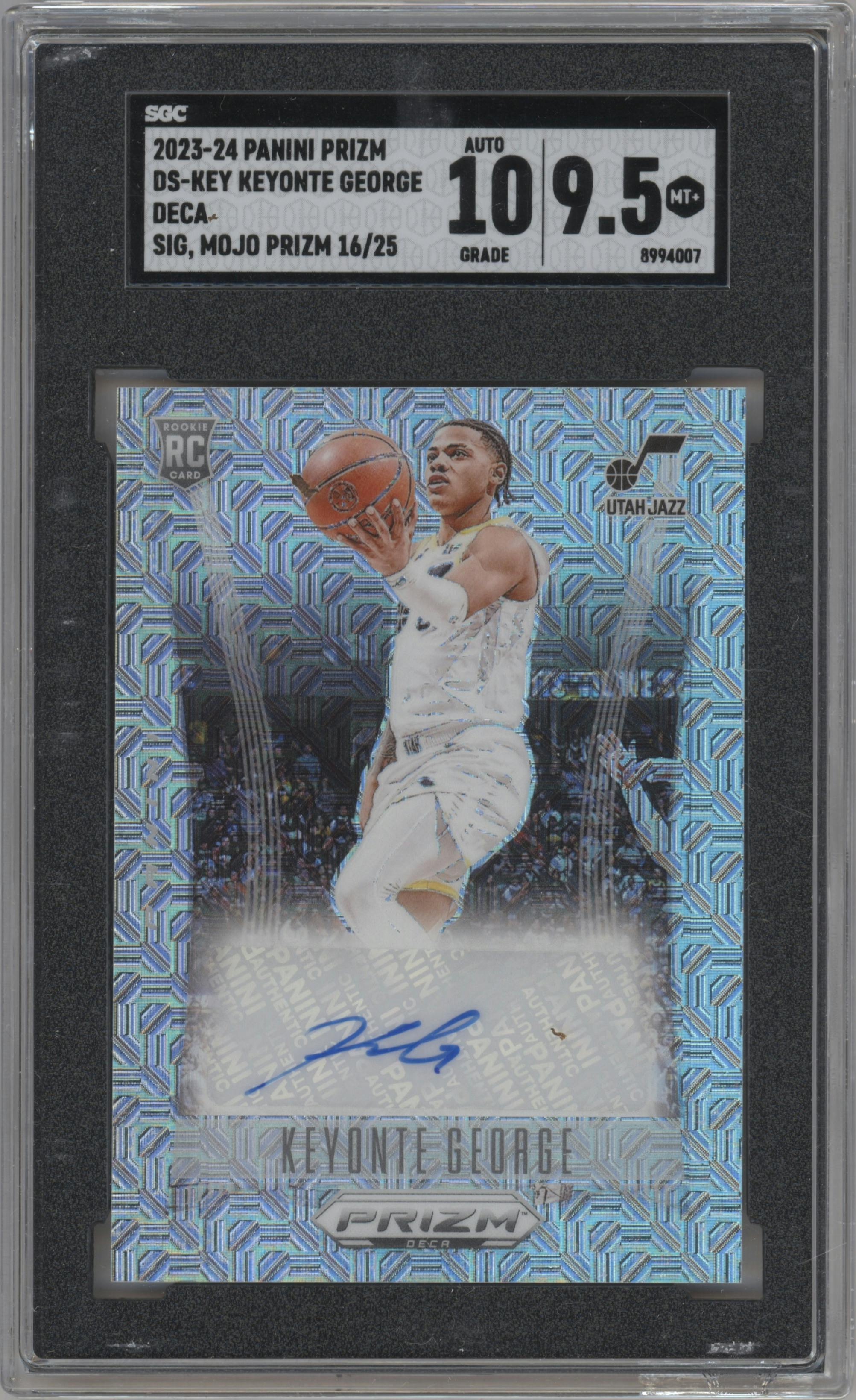 Keyonte George from the 2023-24 Panini Prizm Deca set featuring a Mojo parallel graded by SGC and given an overall grade of 9.5.