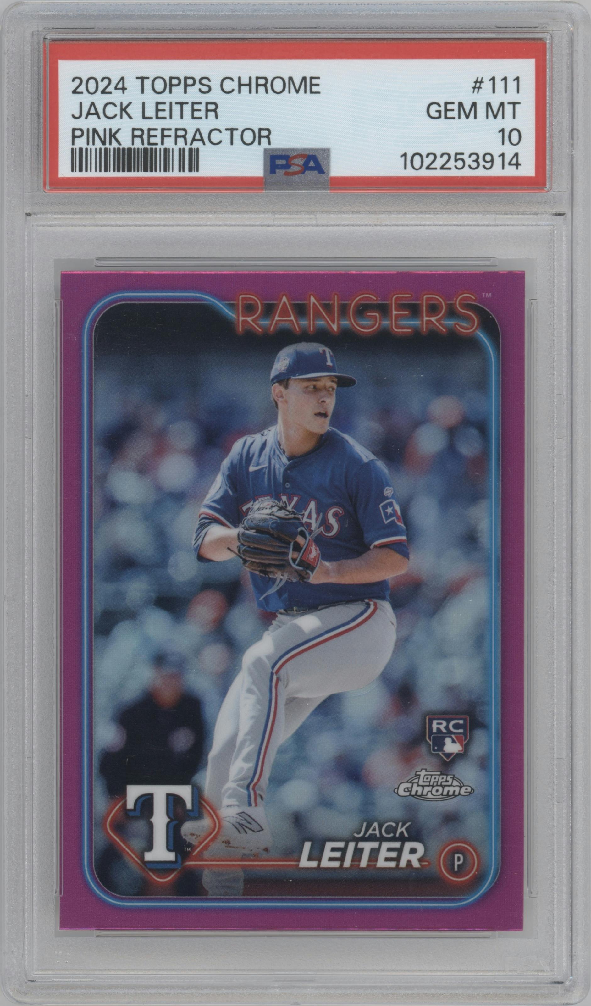 Jack Leiter from the 2024 Topps Chrome set featuring a Pink Refractor parallel graded by PSA and given an overall grade of 10.