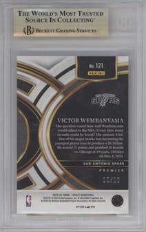 Victor Wembanyama from the 2023-24 Panini Select  set featuring a Gold Disco parallel graded by Beckett and given an overall grade of 9.5.