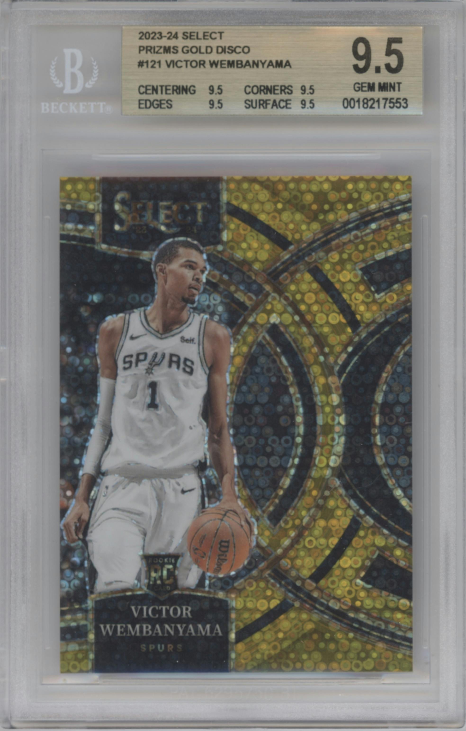Victor Wembanyama from the 2023-24 Panini Select  set featuring a Gold Disco parallel graded by Beckett and given an overall grade of 9.5.