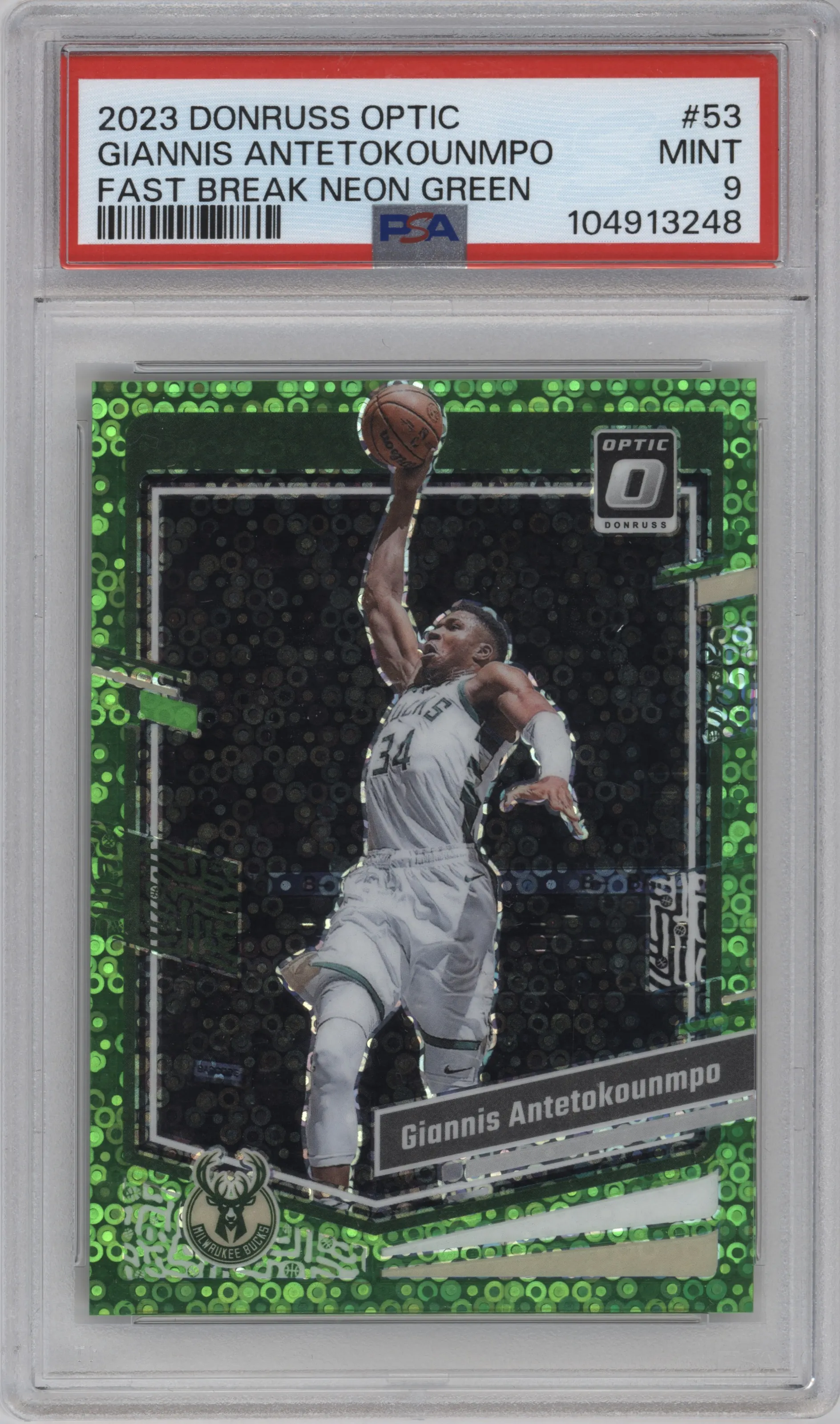2023 Donruss Optic Giannis Antetokounmpo Fast Break Neon Green #53 PSA 9