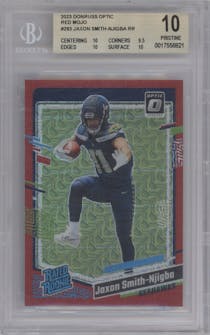 Jaxon Smith-Njigba from the 2023 Donruss Optic set featuring a Red Mojo  parallel graded by Beckett and given an overall grade of 10.