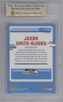 Jaxon Smith-Njigba from the 2023 Donruss Optic set featuring a Red Mojo  parallel graded by Beckett and given an overall grade of 10.