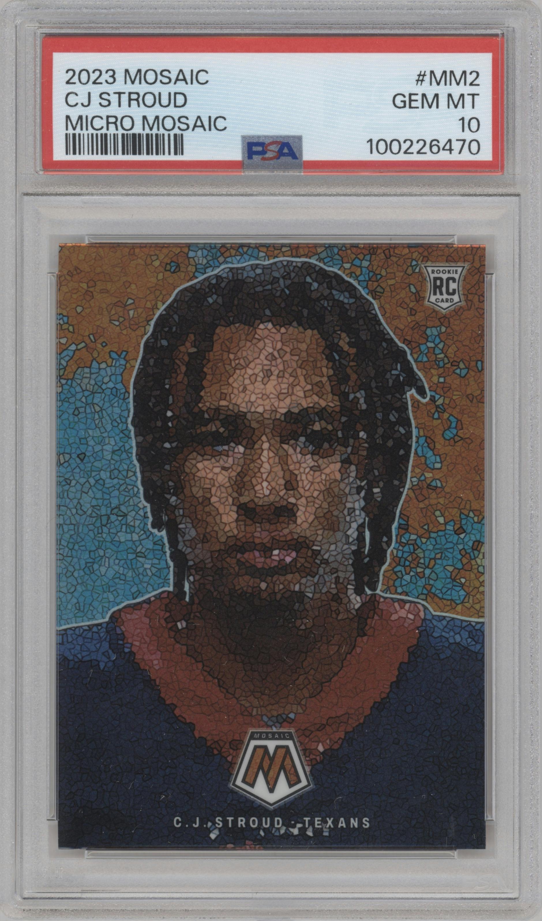 C.J. Stroud from the 2023 Panini Mosaic set graded by PSA and given an overall grade of 10.