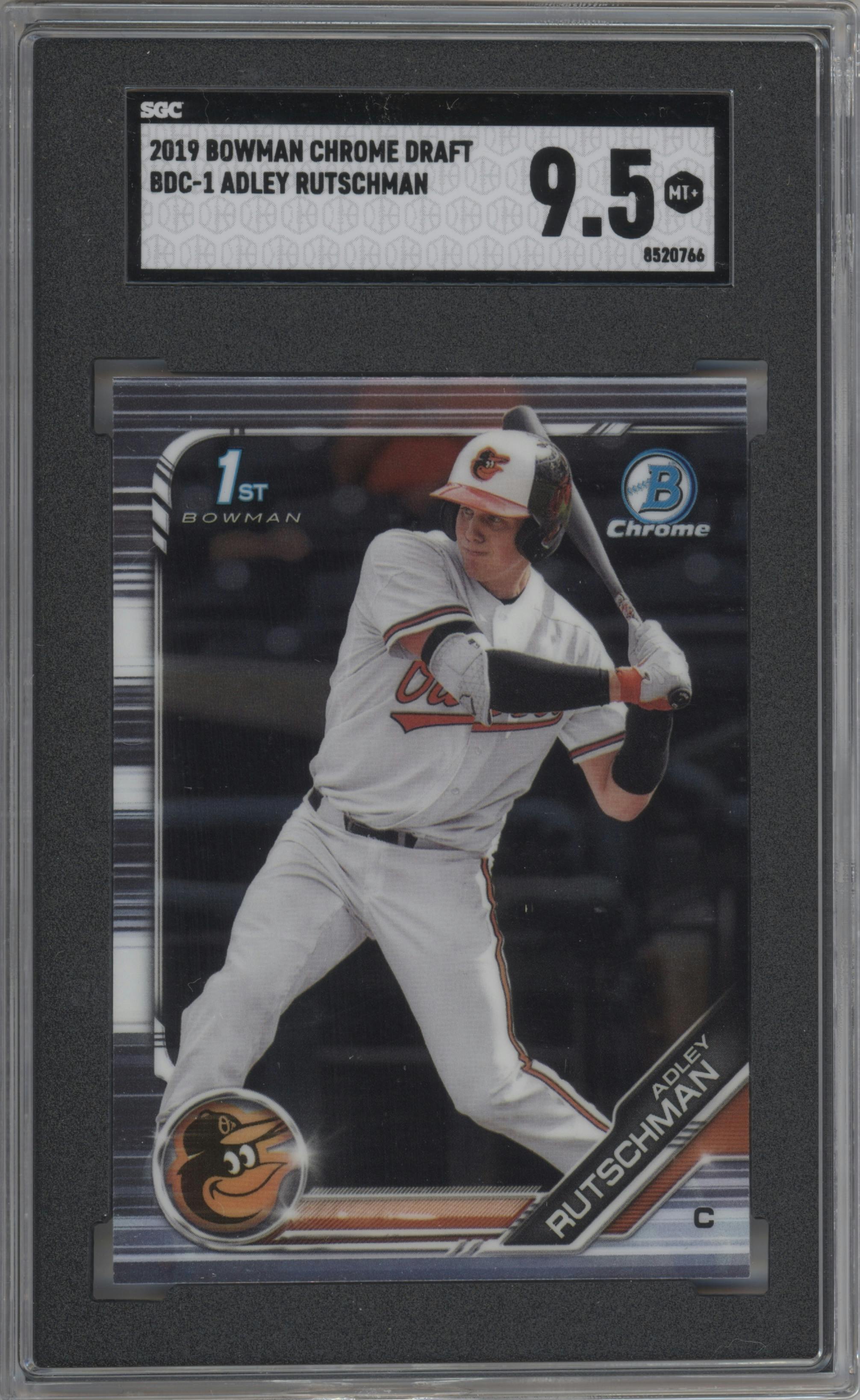 Adley Rutschman from the 2019 Bowman Draft set graded by SGC and given an overall grade of 9.5.