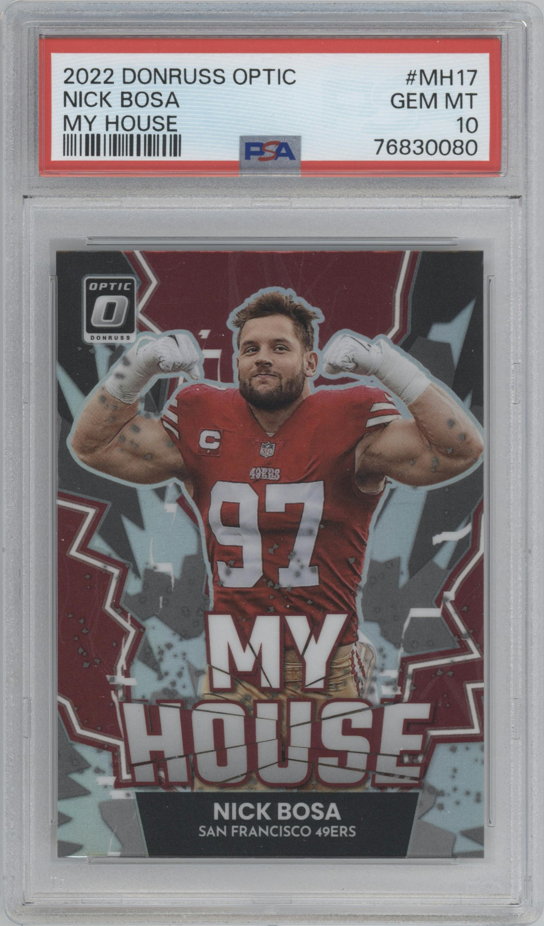 Nick Bosa from the 2022 Panini Donruss Optic set graded by PSA and given an overall grade of 10.
