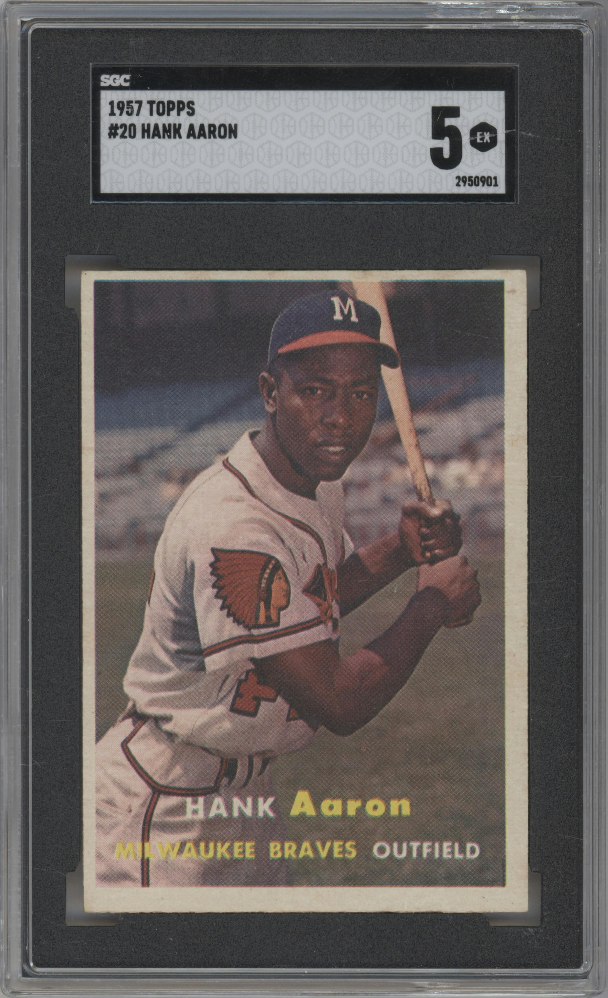 Hank Aaron from the 1957 Topps set graded by SGC and given an overall grade of 5.