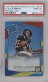 Alvin Kamara from the 2017 Panini Donruss Optic set featuring a Red/Yellow parallel graded by PSA and given an overall grade of 10.