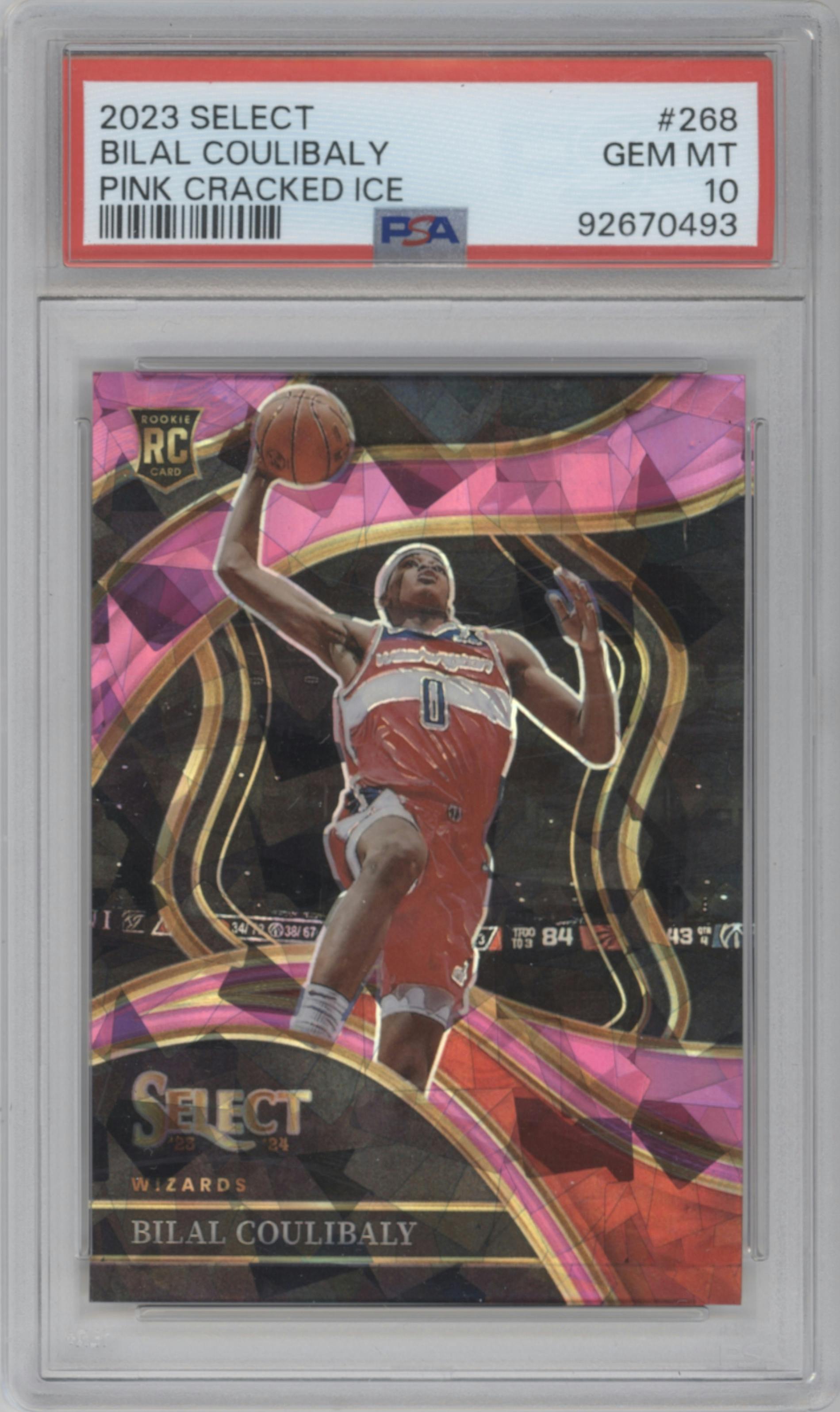 Bilal Coulibaly from the 2023-24 Panini Select  set featuring a Pink Cracked Ice parallel graded by PSA and given an overall grade of 10.