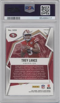 Trey Lance from the 2021 Panini Rookies & Stars set featuring a Pulsar  parallel graded by PSA and given an overall grade of 10.