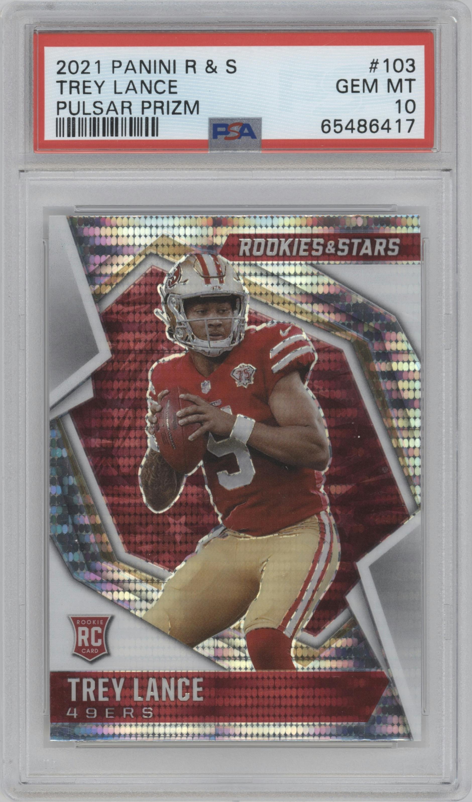 Trey Lance from the 2021 Panini Rookies & Stars set featuring a Pulsar  parallel graded by PSA and given an overall grade of 10.
