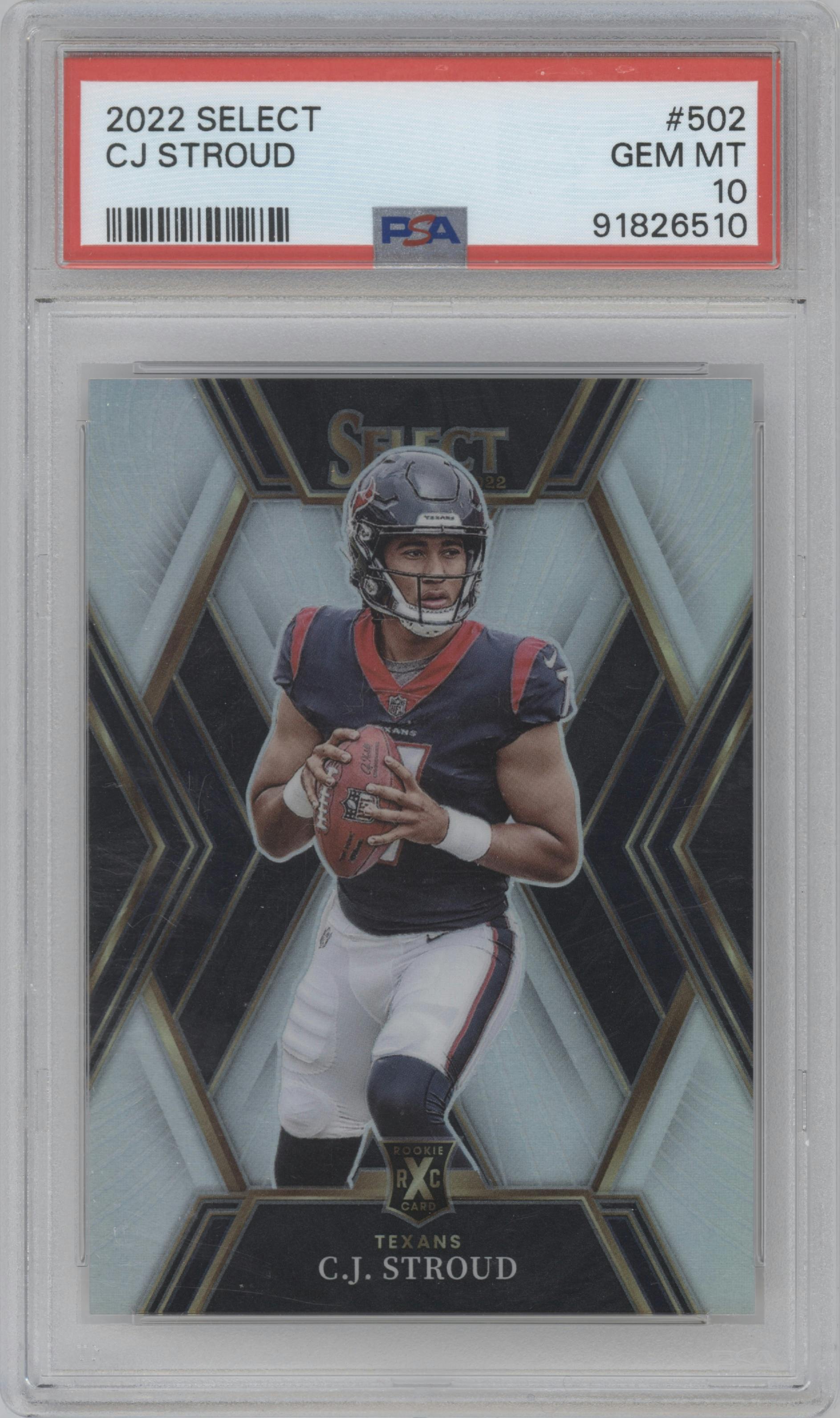 C.J. Stroud from the 2022 Panini Select set graded by PSA and given an overall grade of 10.