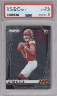 Jayden Daniels from the 2024 Panini Prizm set graded by PSA and given an overall grade of 10.