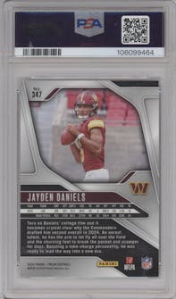 Jayden Daniels from the 2024 Panini Prizm set graded by PSA and given an overall grade of 10.